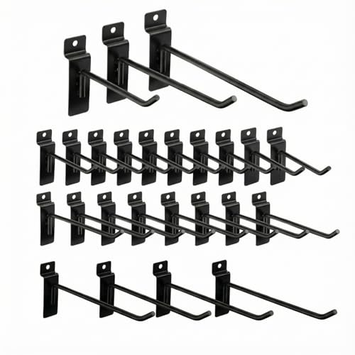 Ferraycle 24 Pack Slatwall Hooks 4/6/8 Inch Heavy Duty Slat Wall Hanging Hook and Hanger Slatwall Panel Accessories Assortment Display Hooks for Garages, Sheds, Basements, Shop, Retail Stores(Black)