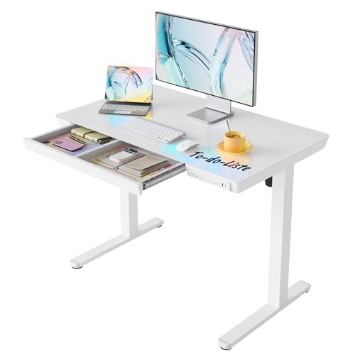 HUANUO 100 x 60 cm Glas Höhenverstellbarer Schreibtisch mit Schublade, Höhenverstellbarer Schreibtisch Ganze Tischplatte, USB-Aufladeanschluss und 3 Memory-Funktion, Weiß
