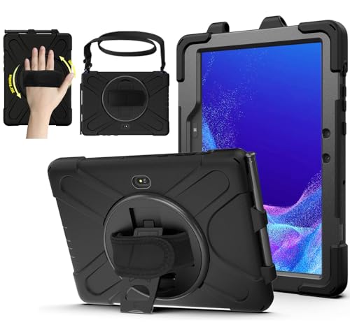 AOOCSHEY for Samsung Galaxy Tab Active5 Pro 2025/Active 4 Pro 2022/Active PRO 2019 10.1 inch Case, Heavy Duty Rugged Silicone Drop Business Protective Cover for Kids Rotating Stand Handle Strap, Black
