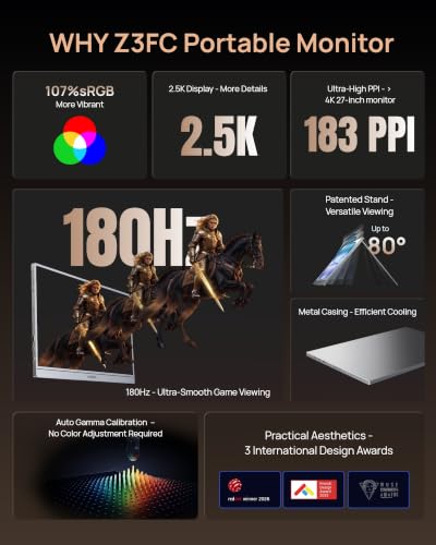 Image of ARZOPA 16.1'' 180Hz 2.5K Portable Monitor, 2560x1440 QHD 107% sRGB Kickstand Portable Gaming Monitor with HDR, Ultra Slim, Eye Care, External Second Screen for Laptop, PC, PS5, Mac, Xbox-Z3FC