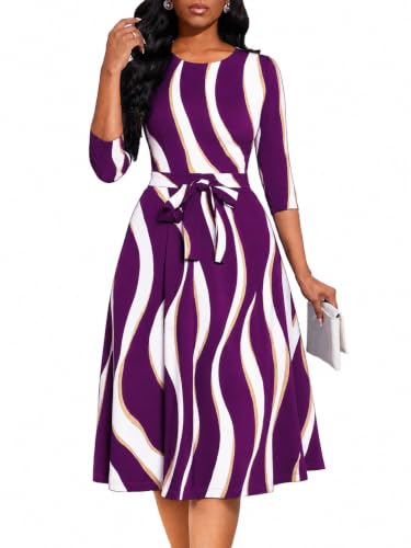 Image of Casual Dresses for Women Midi Church A-Line Fit and Flare Dress Crewneck 3 /4 Sleeve Party Dress