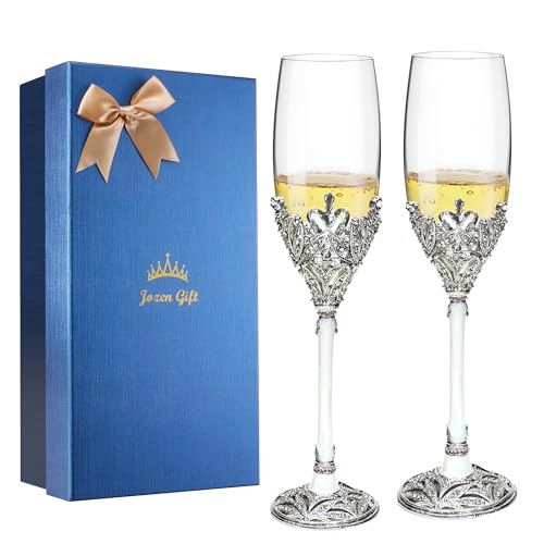 Jozen Gift Silver Champagne Flutes - Crystal Glasses,Metal Base With Crystal Stones, Set of 2 Toasting Flute Pairs, Wedding Anniversary Party Birthday Banquets,Gifts for Bride and Groom,7oz