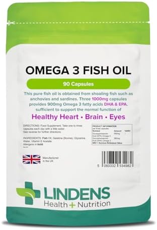 Lindens Omega 3 Fish Oil Capsules - 90 Pack - 3,000mg Daily Intak...