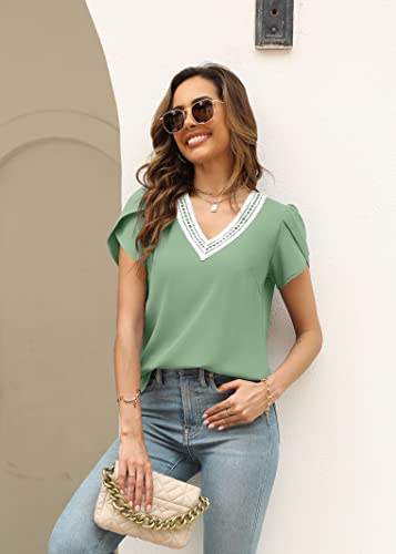 Niashot Women Summer Blouse V Neck Petal Sleeve Lace Tops Casual Loose Fit T-Shirt Light Green X-Large #TOP3