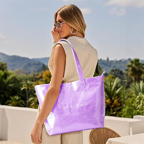 Image of KALIDI PVC Zipper Tote Bag, Jelly Kraft Paper Beach Bag Large Hobo Carry All Travel Shopping Handbag Plastic Shoulder Bag