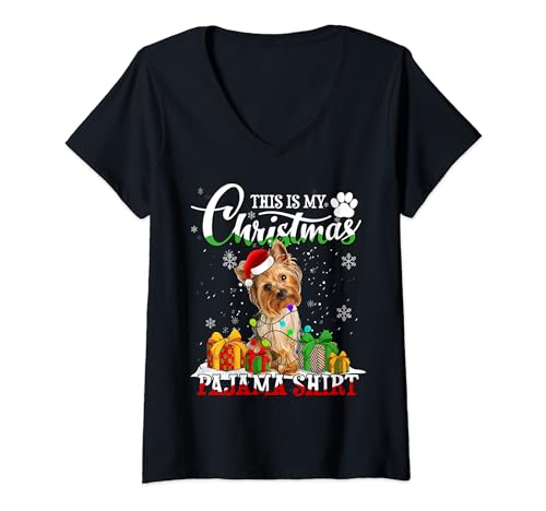 Esta es mi pijama de Navidad Yorkshire Terrier luces de Navidad Camiseta Cuello V