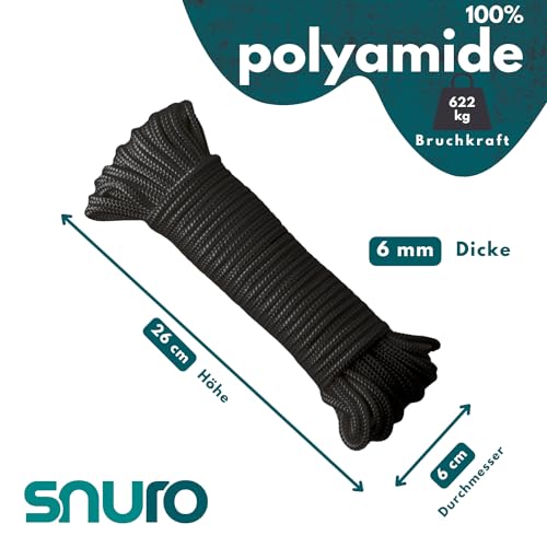 SNURO Nylon Seil (6mm, 20M, Schwarz) - Paracord Schnurr mit starkem Nylon Material - Reißfeste Paracord Schnur - reissfest & leicht - Bruchkraft 622 kg