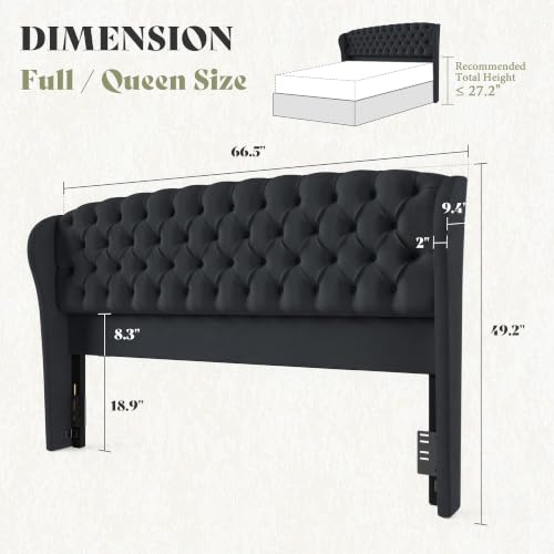 Image of AMERLIFE Full /Queen Headboard Only, Velvet Upholstered Wingback, Black