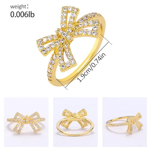 Gold Bow Ring for Women 14K Gold Plated Cubic Zirconia Bow Knot Ring Elegant Bowknot Statement Ring CZ Bow Tie Ring Ribbon Wedding Anniversary Engagement Party Trendy Jewelry Gift for Her, Size 92