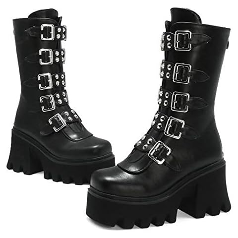 MWbetsy Womens Platform Martin boots, Vintage Gothic Punk Knee High Boots Metal belt buckle Back zipper Mid Calf Motorcycle boot Chunky High Heel Shoes,Black,37 Cover