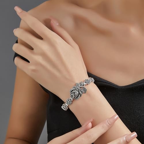 Vintage Charm Bracelet for Women Elegant Black Onyx and Marcasite with Silver Rose Flower Design, Retro Ideal for Women's Jewelry Gifts2