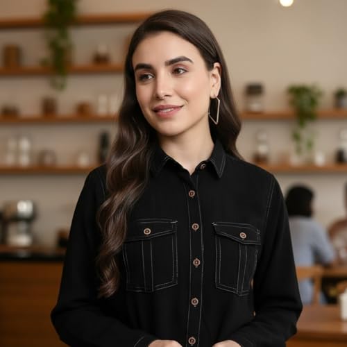 Image of Women's Denim Shirt with Regular Fit Solid Pattern Long Sleeve Collared Neck and Button Down Closure|Women's Denim Shirt