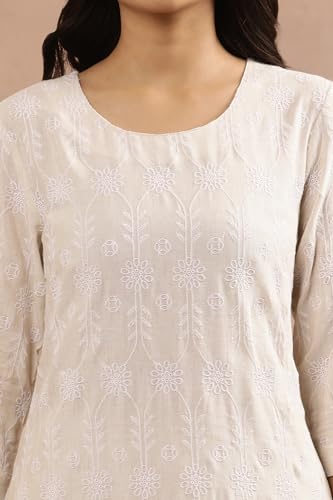 Image of W for Woman Beige Floral Embroidered Cotton Kurta and Pants Set