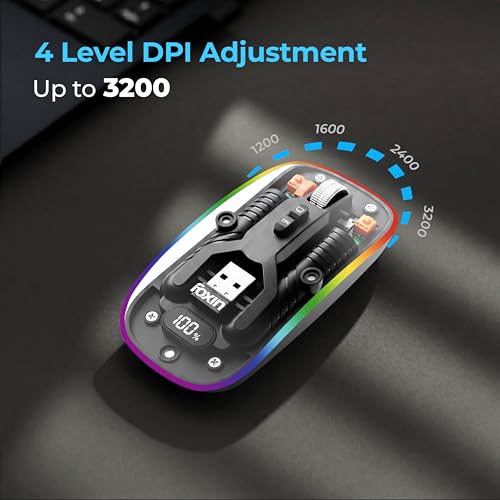 Image of Foxin NeonView Transparent Wireless Bluetooth Mouse with Desktop Button, Dual Mode (Bluetooth + 2.4GHz), USB-C Rechargeable, Up to 20 Days Battery, 3200 DPI, RGB Light, Silent Click, Adjustable DPI