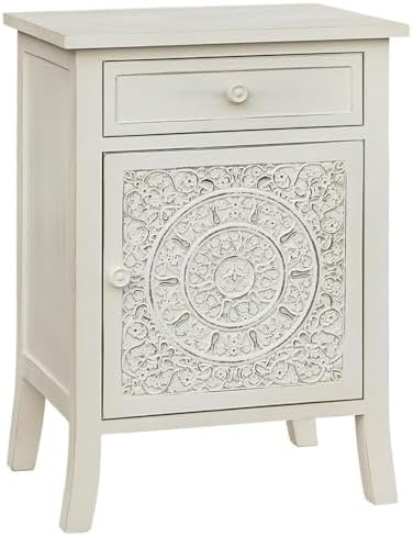 Pemberly Row Antiqued Wood Side Table, Carved Detail, Whitewashed...