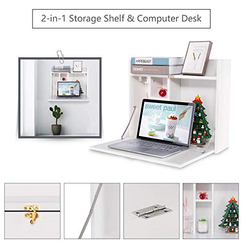 Yusing Wall Mounted Table, Multifunctional Fold Down Wall Mounted Laptop Computer Desk With Storage Compartments For Home, Office, White #TOP3