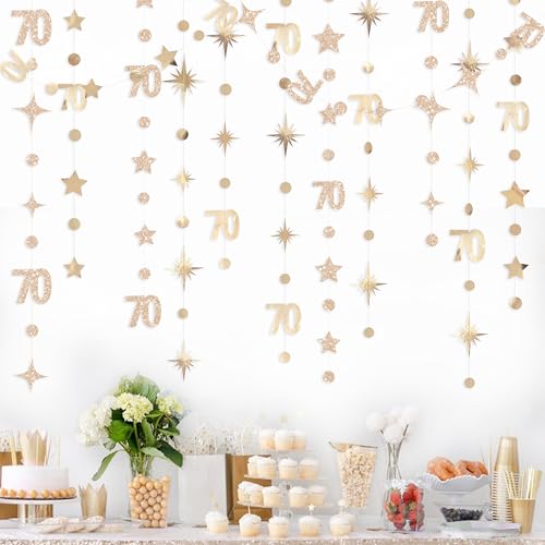 Image of Champagne Gold 70th Birthday Decorations Number 70 Circle Dot Star Garland Metallic Streamer Banner for Women Mens Cheers to 70 Years Old Birthday Happy 70th Anniversary Vintage 1955 Party Supplies