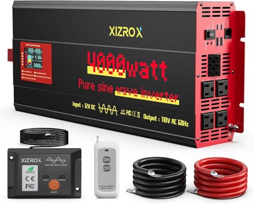 Image of 4000W Pure Sine Wave Inverter, 12V DC to 110/120V AC, 9-Port Power Inverter with 4 AC Outlets, 2 USB, 2 Type-C (60W+45W Fast Charging), LED Display, Wireless/Wired Remote for RV, Camping, Outdoor