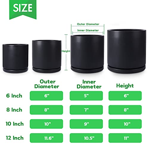 Kazeila 12 Inches Ceramic Planter Pot - Saucer And Drainage Hole - Full Glazed - Matte Black #TOP4