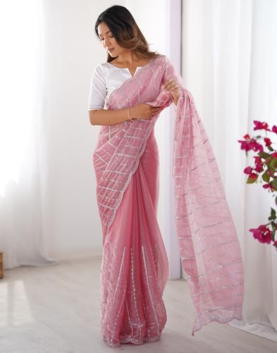 Image of SIRIL Women's Shimmer Chiffon Sequence Embroidery Saree With Unstitched Blouse Piece for Wedding and Parties