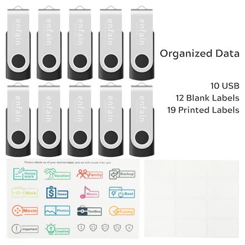 Image of Enfain 32GB USB 2.0 Flash Drive 10-Pack - Swivel Design, Reliable Data Storage for Home, Office, School - Bulk USB Memory Sticks Compatible with PC, Laptop, Mac (Black)