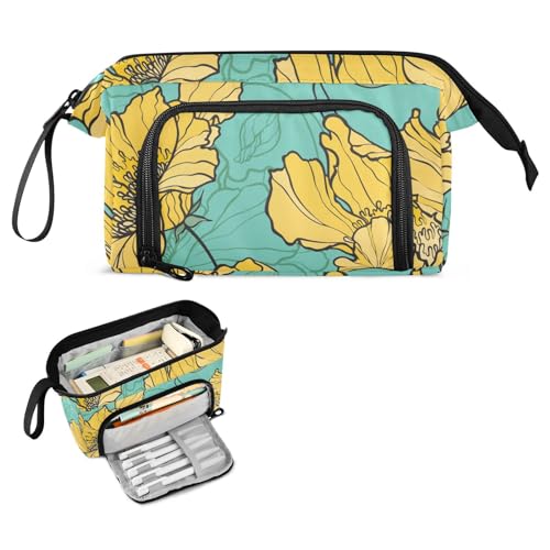 Image of Bolaz Big Capacity Pencil Pen Case Pouch Bag School College Office Organizer for Teens Girls Adults Student-Yellow Flower Pattern