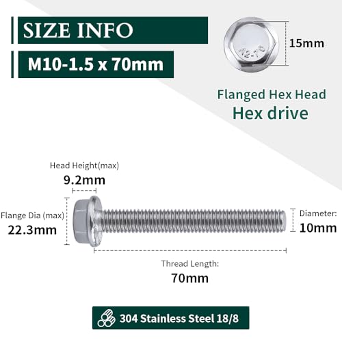 Image of M10-1.5 x 70mm Hex Flange Bolt (2.76 inch Thread Length), DIN6921, Serrated Locking Flange, 304 Stainless Steel, UNC Full Thread, 8-Pack