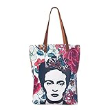 Akitai Frida Kahlo Inspired White Portrait Buenos Aires Mural Floral Tote Bag Relaxed - Shoulder - Great For Shopping, Travelling, and Days Out – Boho - Handbag - Art Bag in the Image of Frida Kahlo