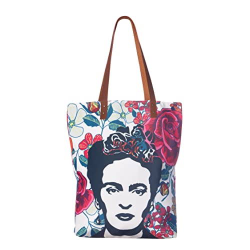 Akitai Frida Kahlo Inspired White Portrait Buenos Aires Mural Floral Tote Bag Relaxed - Shoulder - Great For Shopping, Travelling, and Days Out – Boho - Handbag - Art Bag in the Image of Frida Kahlo