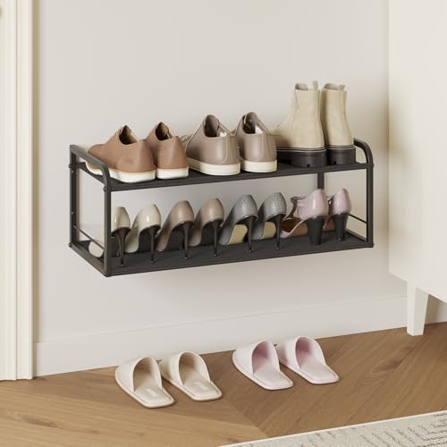 ORLESS Wall Mounted Shoe Rack, Hanging Shoe Rack Holds 6-8 Pairs, Heavy Duty Metal Wall Shoe Organizer, Space Saving Wall Mounted Shoe Storage for Entryway, Closet, Wall, Door(Black)