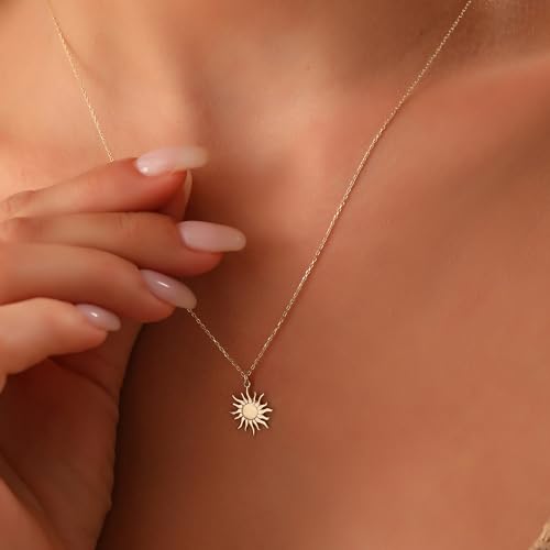 Sun Necklace, 14K Real Gold Sun Pendant, Minimalist Gold Celestial Necklace, Handmade Sun Pendant, Valentines Day Gift4