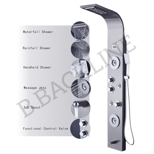 Image of Shower Panel For Bathroom Full Set Stainless Steel 304 Grade | 6 in 1 Shower System With Rainfall Shower, Temperature Display, Body Massage, Spout, Body Jet, Hand Shower (Brushed Matt)
