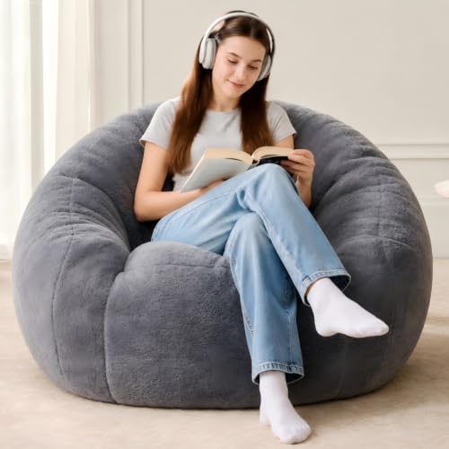 Image of HUGHEAVEN Medium Memory Foam Bean Bag Chair for Adults & Kids - 3ft Fluffy Floor Chair Lounger| Cozy Faux Fur Reading Nook Chair, Comfy Beanbag Sofa Couch, Floor Seating Foam Seat with Filler
