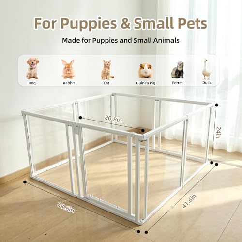 24" H Clear Dog Playpen Indoor, Metal Frame Acrylic Dog Play Pen Cage with Door - 8 Panels, Easy Assemble Pet Fence, DIY Foldable Puppy Pen for Ducks Cat Rabbit Small & Medium Pets- White by NiceTCU - Image 2