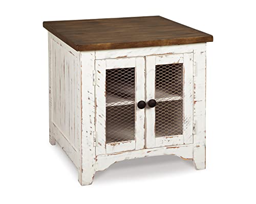 Signature Design by Ashley Wystfield Farmhouse End Table with Storage, Distressed White & Brown Finish