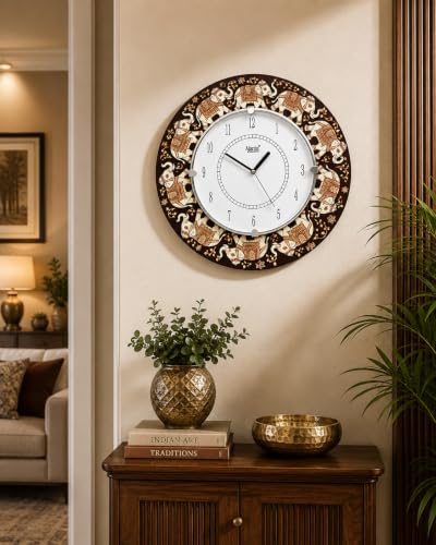 Image of Ajanta 41 CM MDF Wooden Wall Clock with Printed Elephant Design, Tic TOC Movement for Home Living Room Office