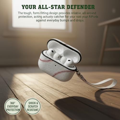 Image of Baseball AirPods Pro 3 Case 2025, Premium PU Leather Protective Cover with Keychain, Cute Hard Shell Earbuds Case, White