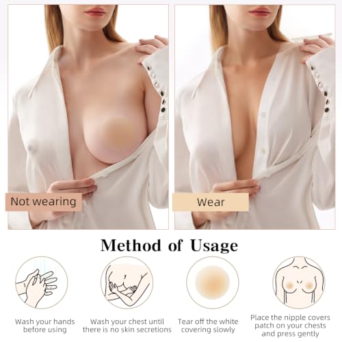 Image of Nipple Covers for Women 4 Pairs Sticky Silicone Reusable Pasties No Show | 50x Reusable Bra, Hypoallergenic, All-Day Comfort. Discreet Skin-Tone Coverage for Tight Clothes, Swimsuits & Activewear