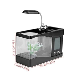 Acquario Multifunzione da Tavolo con LED, Ricarica USB, Mini Acquario Elettronico con Pompa, Calendario e Portapenne (Nero) - immagine 3