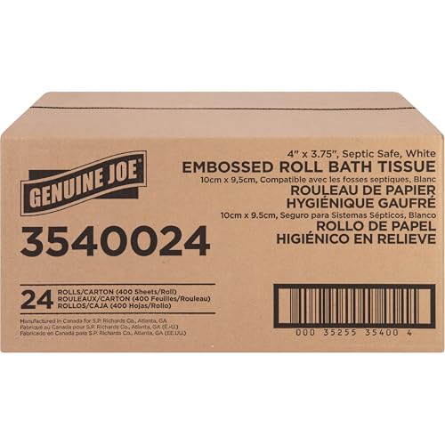 Image of Genuine Joe Embossed Bath Tissue, 2-Ply, Septic Safe, Individually Wrapped, 4 inch x 3.75 inch, 400 Sheets /Roll, 24 Count