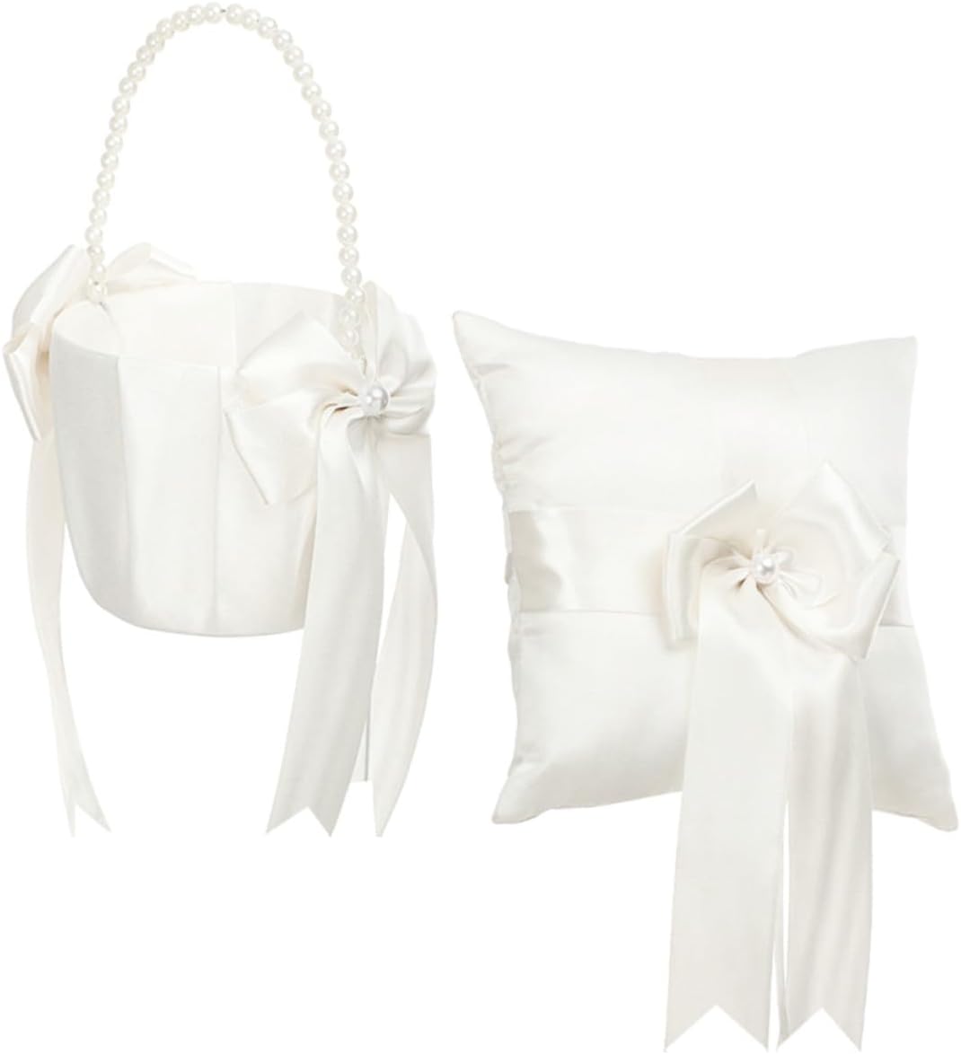 Wedding Ring Pillow and Flower Basket Set for Flower Girl, White Pu Pearl and Lace Material, Scatter Petals and Embellish Rings, for Wedding and Engagement Ceremonies