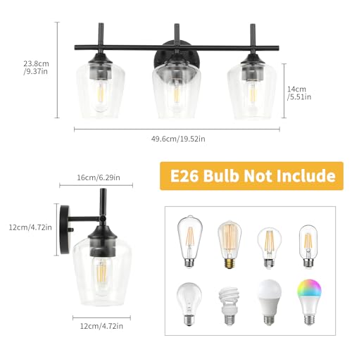 Image of foucasal Bathroom Vanity Light Fixtures, 3-Lights Modern Black Vanity Lighting with Clear Wine Glass Shade, Bathroom Lights Over Mirror, Wall Lamp for Bedroom, Hallway, Living Room, Restroom