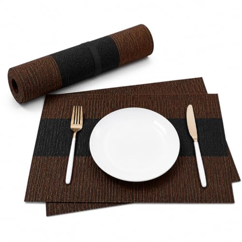 Image of OXSAM Placemats, Heat Insulation Non-Slip Vinyl mats, Stain-Resistant Tablemats for Home and cafe Dining Table Decor (Brown & Black, Pack of 6)