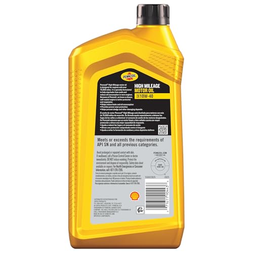 Image of Pennzoil High Mileage 10W-40 Motor Oil, 1 Quart (6 Pack)