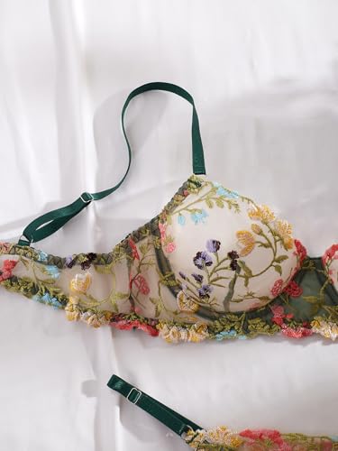 Image of Sexy Floral Embroidered Flower Mesh Underwire Push Up Lingerie Set