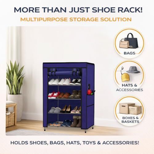 Image of Multipurpose Collapsible 4 Layer Metal Shoe Stand, Shoe Organiser for Home & Office (Dark Blue, Metal)
