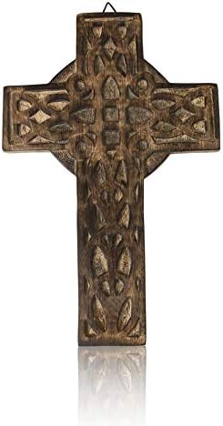 Wooden Religious Catholic Crucifix Cross Wall Hanging 12 x 8 Inches French Plaque Floral Carvings Living Room Home Decor Accent Church Chapel Altar Wall Art Decor Display Antiqued Rustic Finish