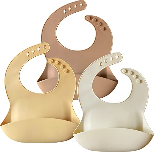 Image of Mubobiee Silicone Bibs for Babies, Set of 3 Feeding bibs BPA Free Adjustable Waterproof Soft, Unisex Baby Bibs for Babies & Toddlers (Citro/Umber/Beige)