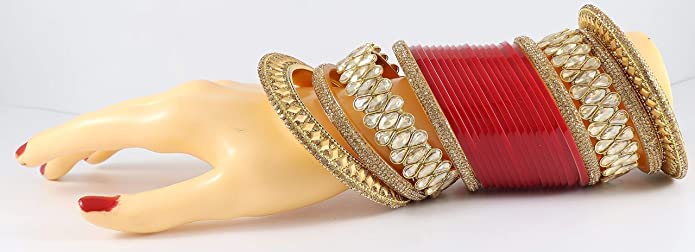 Image of NMII Traditional Gold Plated Acrylic Bangles Bridal Chuda Set For Women & Girls with Zircon Diamond & Pearls Beads Work | Royal Wedding Chudas | Premium Look | Bangles For Wedding, Festive, Function