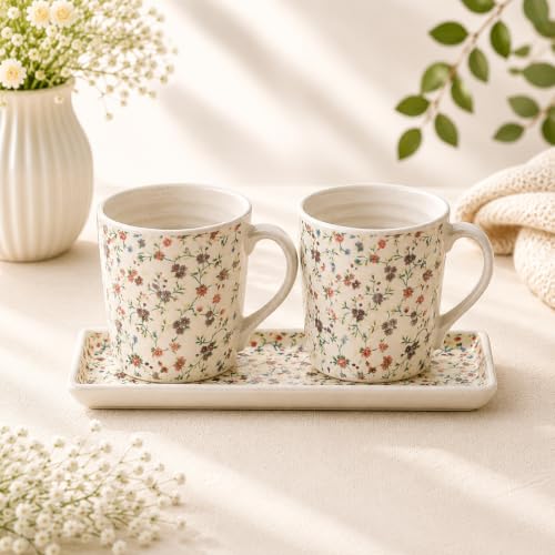 Image of Miah Decor Ceramic Coffee Mugs Set with Serving Platter, Handmade Stoneware
